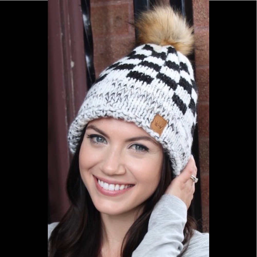 Fleece lined plaid hat with Pom accent